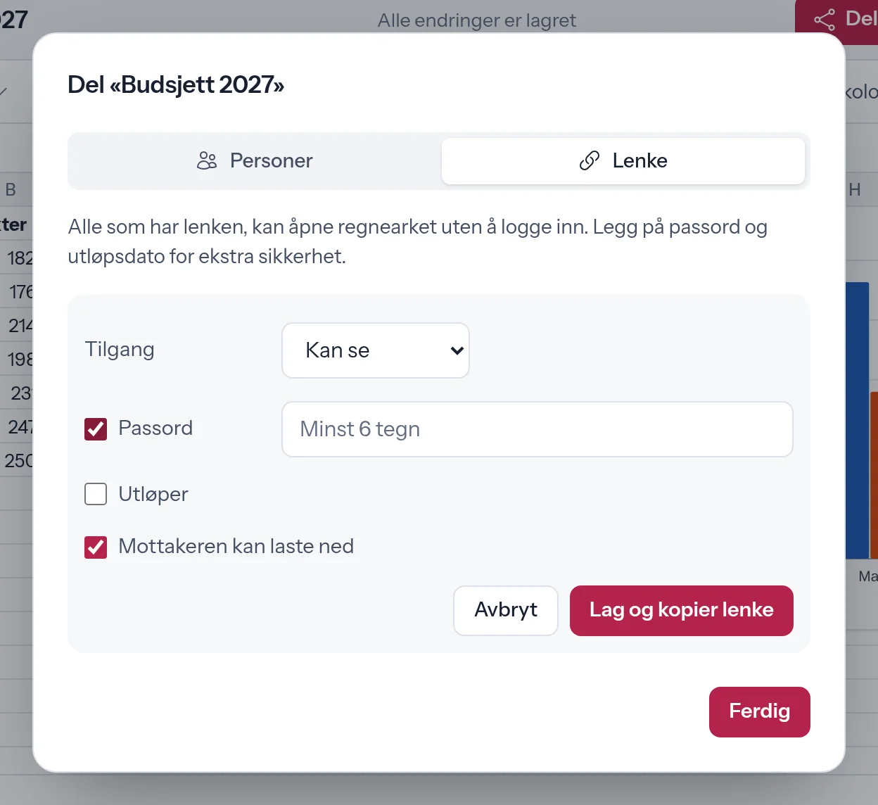 Delingsvinduet for et regneark: lenke som kan se, med passord og mulighet for nedlasting.