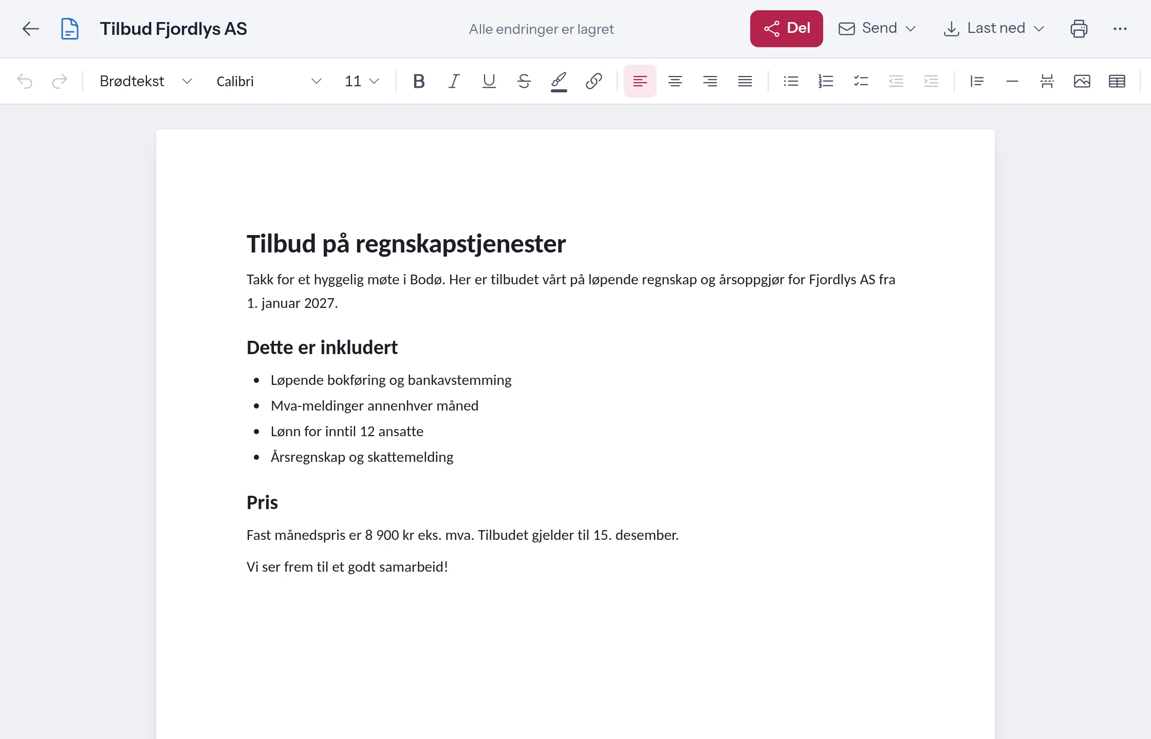 Et tilbud i dokumentredigeringen, med innholdsoversikt, overskrifter og punktliste på et ark.
